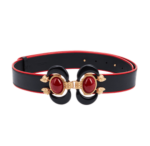 Load image into Gallery viewer, Black Leather Red Aries Statement Belt Sonia Petroff M/L 75cm to 90cm gb 
